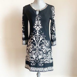 Haani black and white bell sleeve party dress w beaded neck